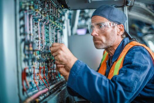 A technician is examining and repairing electrical panels in an aircraft at a maintenance hangar. He is focused on his task, ensuring everything is functioning correctly photo