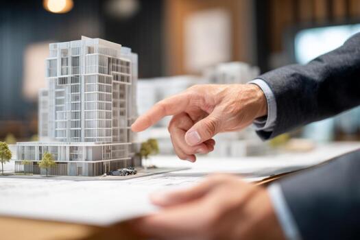 A professional gestures towards a detailed architectural model of a building in a sleek office environment. Drafting materials and plans are spread out for review in the background photo