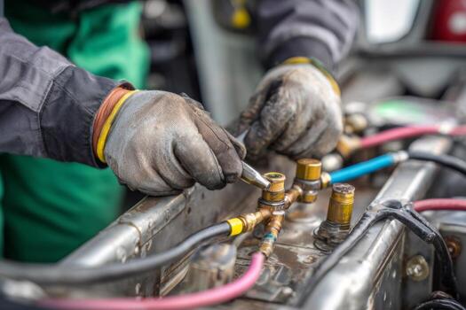 A mechanic wearing gloves works on a vehicle engine, tightening fittings and checking components in a busy workshop with tools and equipment nearby photo
