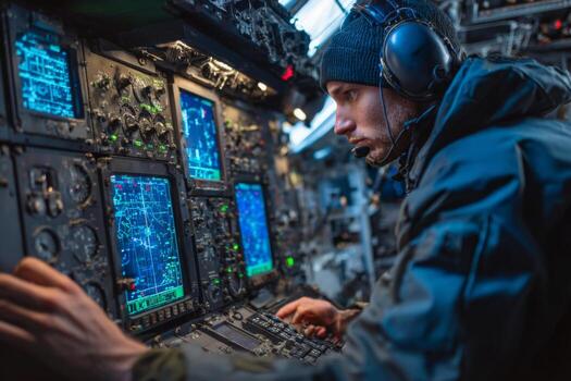 A crew member focuses on several screens while managing instruments in the cockpit at night. The setting is equipped with advanced technology and displays vital information photo