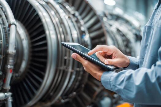 An engineer stands in an aviation workshop, focused on a tablet while analyzing data next to a large aircraft engine. The environment showcases advanced technology and equipment photo