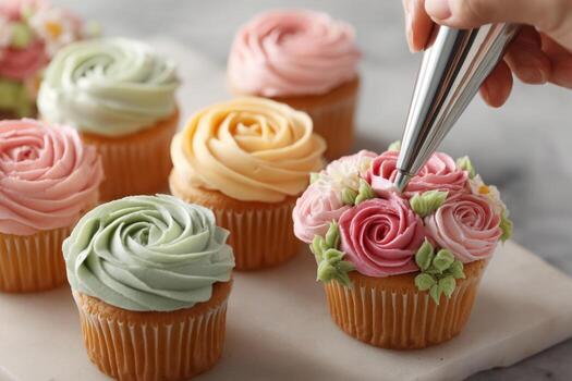 A person decorates cupcakes with intricate rose designs using a piping bag. The cupcakes feature pastel colors and floral patterns on a marble surface, showcasing baking skills photo