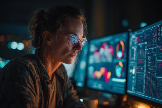 A dedicated worker studies complex data visualizations on several computer screens in a dark office. The glowing screens illuminate their focused expression, showcasing their analytical work photo