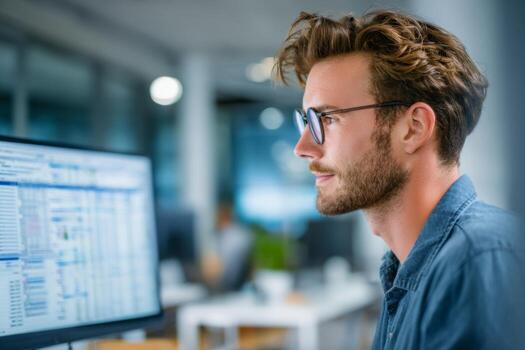 A young man with glasses intently studies data on a computer monitor in a modern office setting. The atmosphere is bright and professional, with colleagues in the background photo