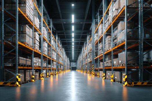 This spacious warehouse features tall shelves lined with neatly stacked boxes. Bright lights illuminate the clean floor, creating an efficient storage environment photo