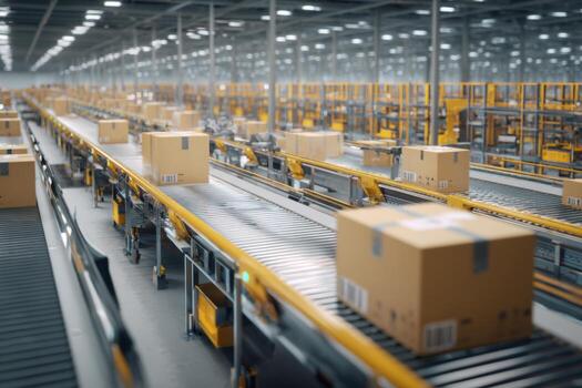 A busy warehouse features a sophisticated conveyor system where numerous cardboard packages are moving along, being organized for processing and delivery photo