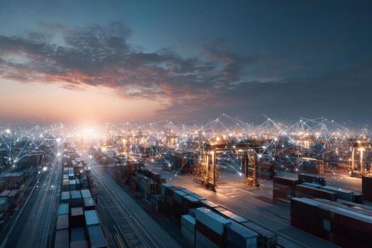 A busy shipping port at dusk shows rows of cargo containers and cranes. The sky is illuminated with numerous lights, connected by glowing lines representing data flow photo