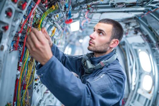 A technician focuses intently on connecting colorful wires inside an airplane fuselage. The setting is a spacious hangar filled with equipment and tools, showcasing technical work being done photo