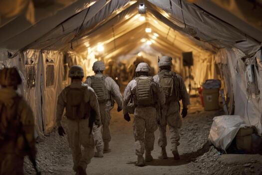 In a dimly lit military camp, soldiers in camouflage uniforms walk down a narrow path between rows of tents. The atmosphere is focused and disciplined, highlighting their teamwork and commitment photo