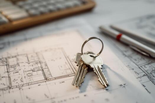 A set of keys is placed on top of detailed architectural blueprints along with a pen and a keyboard, suggesting a focus on planning or construction. The workspace is organized and functional photo