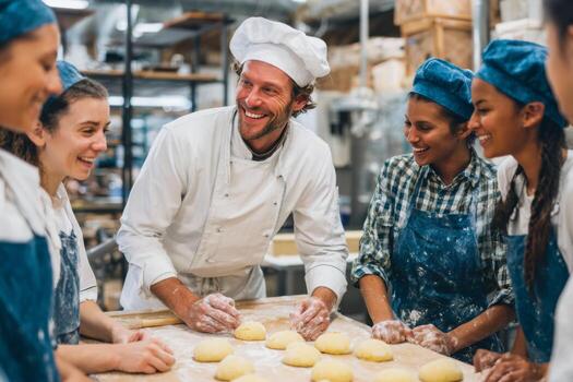 In a lively kitchen, a smiling instructor teaches a group of students how to make dough. Everyone is attentive and enjoying the hands-on baking experience together photo