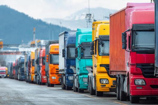 A long row of trucks in various colors waits at a loading dock. The scene shows a busy logistics area surrounded by mountains, hinting at industrial activity and transportation photo