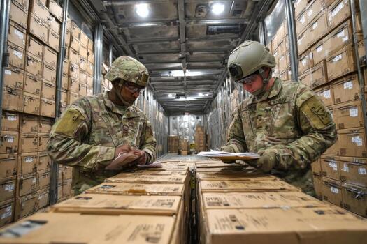 Two military personnel are focused on inspecting cargo inside a large storage container. They are reviewing documents and checking boxes at a logistics facility during a transportation operation photo