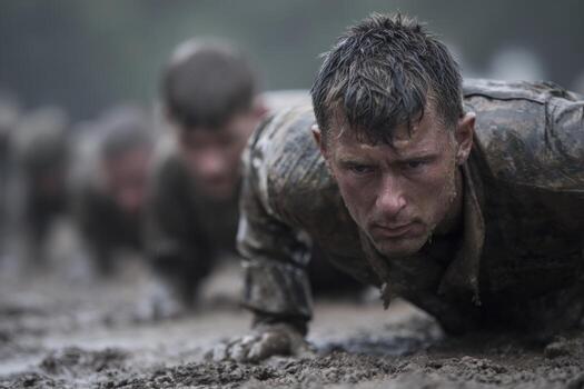 A group of soldiers is engaged in a demanding training exercise, performing push-ups in mud while surrounded by nature. Their focus and determination reflect their commitment to physical fitness photo