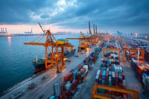 Shipping port scene at dusk featuring numerous cranes loading containers onto vessels. The water reflects the vibrant colors of the evening sky above the busy docks photo