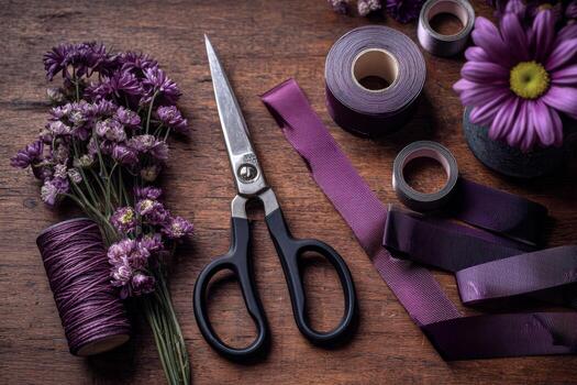 un par de tijeras se sienta en un de madera mesa a lo largo con púrpura cintas, carretes de hilo, y Fresco flores esta preparar invita creatividad y elaboración ideas foto