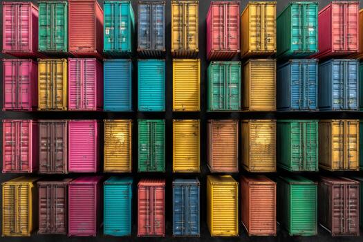A vibrant display of shipping containers showcases a variety of colors in a grid pattern. The scene is set at a loading dock under clear daylight, highlighting the industrial atmosphere photo