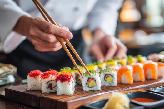 A chef skillfully uses chopsticks to select sushi rolls arranged on a wooden platter. Bright colors and diverse ingredients showcase the artistry of sushi making in a vibrant dining atmosphere photo