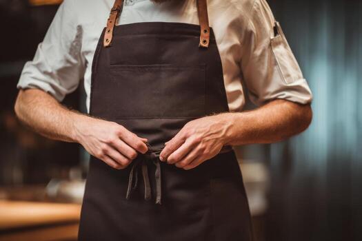 A chef in a black apron is tying the strings of his apron in a stylish kitchen. The warm lighting sets a cozy mood as preparations begin for the evening meal photo