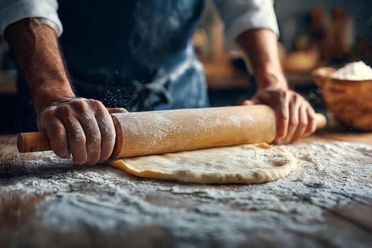 A person is focused on rolling out dough with a wooden rolling pin on a floured kitchen countertop. The warm, homey atmosphere suggests a culinary activity taking place photo