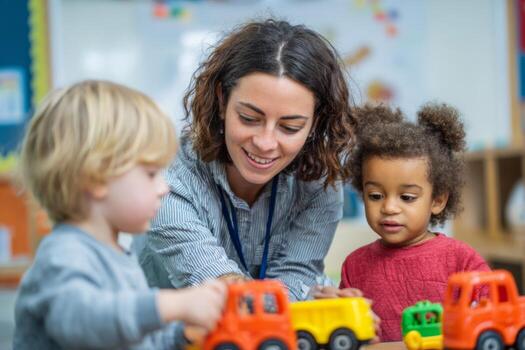 A teacher guides young children as they play with colorful toy trucks in a bright, cheerful classroom. The joyful interaction encourages learning through play and creativity photo