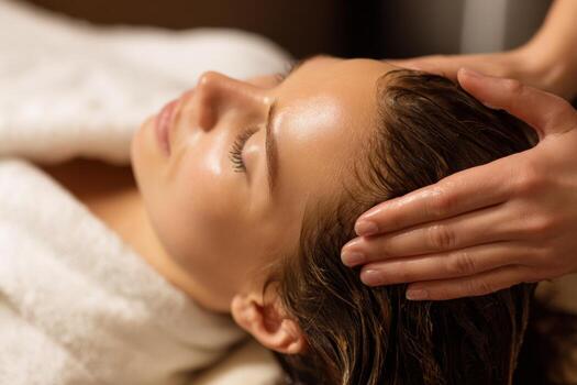 A woman enjoys a tranquil scalp massage in a calming spa environment. Soft lighting enhances her relaxed expression as the therapist gently cares for her hair and scalp, promoting relaxation photo