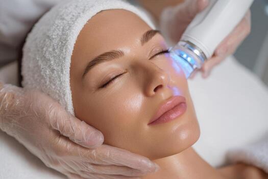 A person receives a facial treatment with a high-tech device in a sleek wellness center. Hand techniques are gentle, ensuring a relaxing experience. Natural light enhances the soothing atmosphere photo