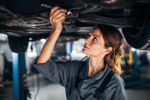 A skilled woman is fixing a car in an auto shop. She uses a wrench to inspect and repair components. The shop has various tools and vehicles around, creating a focused atmosphere photo