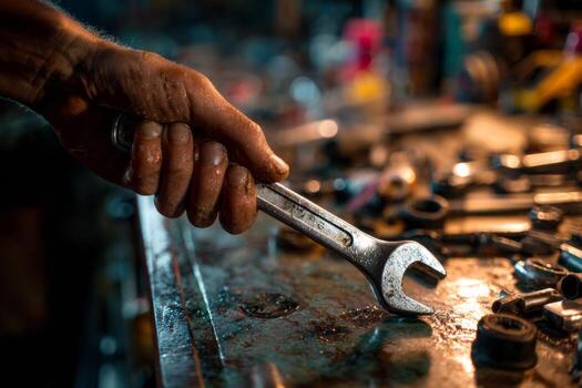 A hand grips a silver wrench in a busy garage filled with various tools and parts scattered on a workbench. The low light creates a focused atmosphere for repairs photo