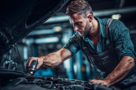 A man wearing overalls inspects a car engine with a flashlight in a workshop. The bright lights illuminate the workspace as he works intently on the vehicle photo