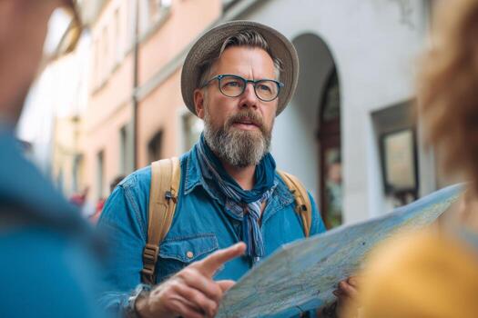 un hombre con un barba, anteojos, y un sombrero discute direcciones con un grupo. él es participación un mapa mientras en pie en un ocupado calle lleno con vistoso edificios foto