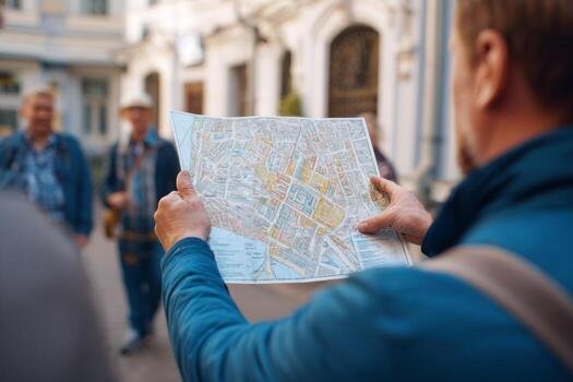 A group of friends stands on a city street while one person holds a map. They appear engaged, looking around and discussing their next destination in the sunny daytime photo