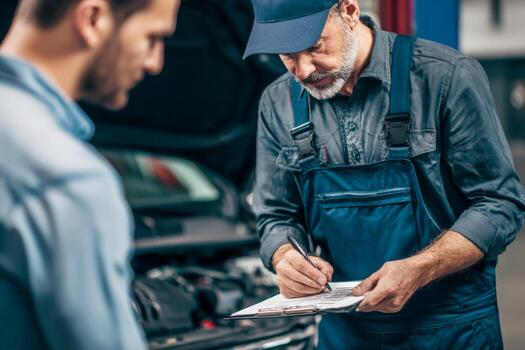 Two men communicate in an auto shop. One is inspecting the engine while the other takes notes on repairs and services needed for the vehicle photo