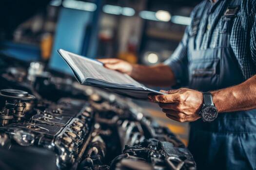 A mechanic stands by a car engine, holding a maintenance manual to check guidelines. The garage is well-lit, indicating midday activities focused on vehicle repairs photo