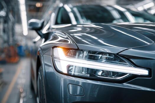 A sleek, modern vehicle stands in a bright automotive factory. The focus is on the front section, highlighting its stylish headlights and body lines photo
