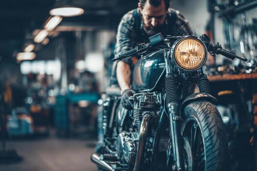 A mechanic works diligently on a classic motorcycle in a well-lit garage. Tools and parts surround the workspace, highlighting a detailed restoration process in progress photo