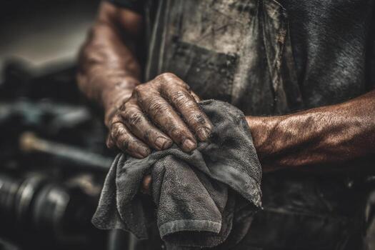 A skilled worker wipes dirty hands with a cloth after fixing machinery in a workshop during the afternoon. The atmosphere is focused and industrious photo