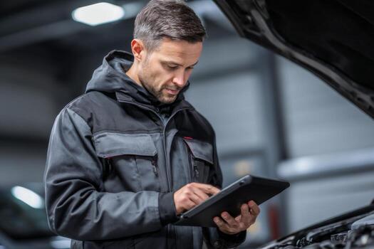 A skilled auto technician examines a vehicle under the hood while using a tablet to gather information. The setting is a well-lit garage with a professional atmosphere photo