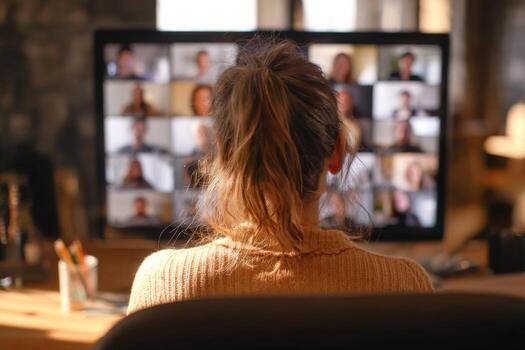 A person with long hair sits in front of a computer screen participating in a virtual meeting. Multiple people are visible on the screen, suggesting a group discussion photo