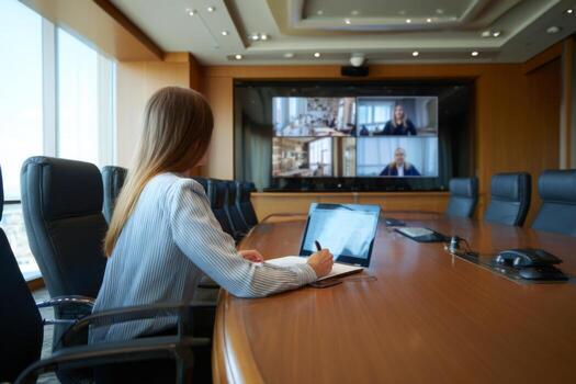 A woman sits at a conference table in a sleek office, engaged in a call. She takes notes on her laptop while interacting with colleagues on a large screen photo