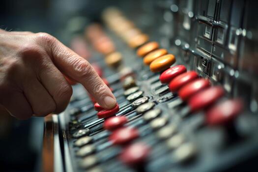 A hand is pressing a bright red button among an array of colorful controls in a studio setting. This scene reflects a moment of creativity and focus photo