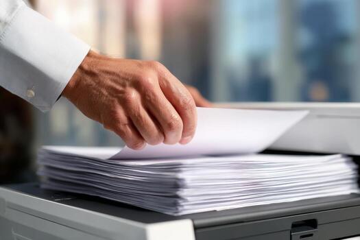 A hand places a stack of paper into a printer in a busy office. Sunlight beams through the windows, illuminating the clean workspace. The atmosphere is focused and professional photo