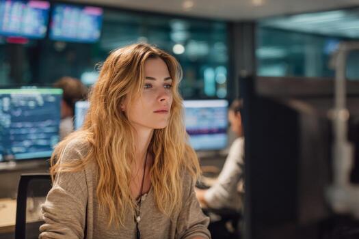 un mujer con largo pelo concentrados en su Tareas en un contemporáneo oficina ajuste rodeado por grande computadora pantallas lleno con datos. colegas trabajo en el antecedentes foto