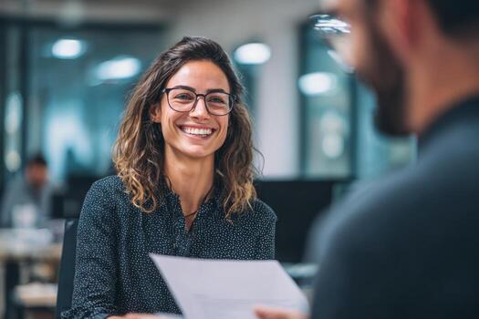A smiling woman with glasses interacts with a colleague while holding a document in a bright, open office space. The upbeat atmosphere reflects teamwork and collaboration photo