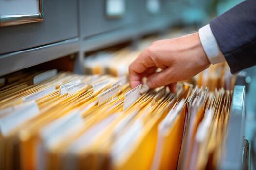 A person is sorting through a cluttered office drawer filled with yellow file folders. The atmosphere is professional, and the individual appears focused and diligent photo