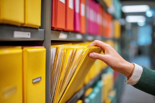 A person is sorting through bright yellow file folders on a shelf in a contemporary office. The setting is well-lit and organized, showcasing neat document storage photo