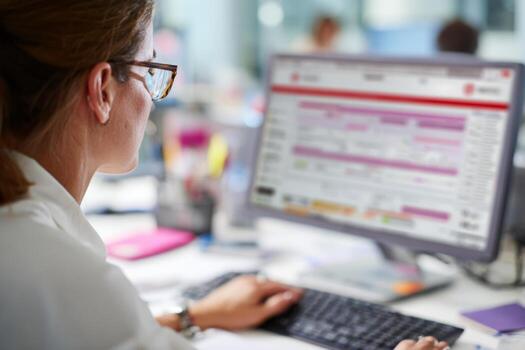 A professional woman with glasses sits at a desk, engaged in work on her computer. The workspace is bright and organized, reflecting a typical day in an office environment photo