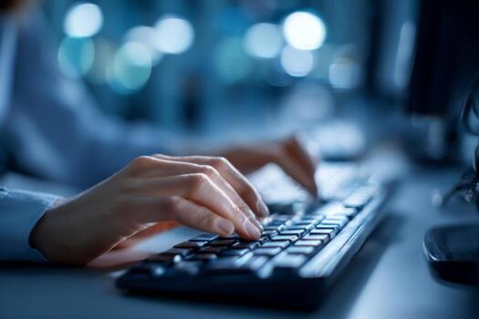 A person is typing on a keyboard in a dark office at night. The room is softly illuminated by blurred lights, creating a focused work environment. The scene suggests concentration and productivity photo