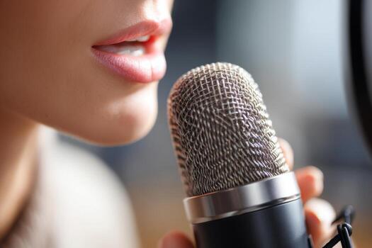 A woman is focused on speaking into a microphone with precision. The studio has soft lighting and a modern setup, perfect for creating quality audio recordings photo
