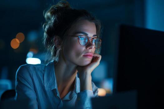 A woman with glasses sits at a desk illuminated by a computer screen. She is deep in thought, surrounded by soft blue light, working late during the night in an office setting photo